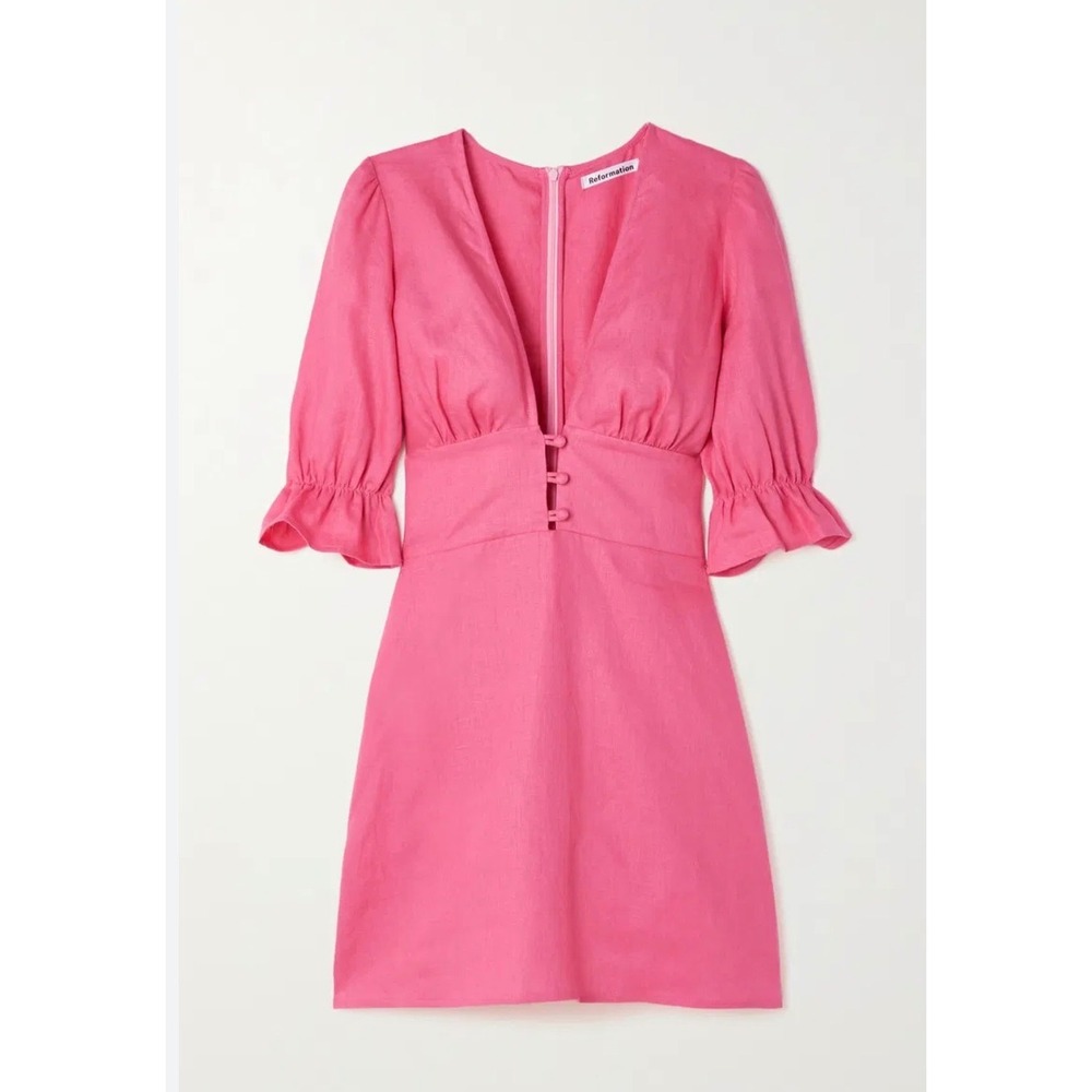 Reformation Pink Linen Deep V-Neck Ruffle Sleeve‎ Mini Dress Size 4